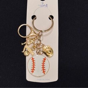 BAG CHARM Mint Gold and White Baseball Themed Keychain